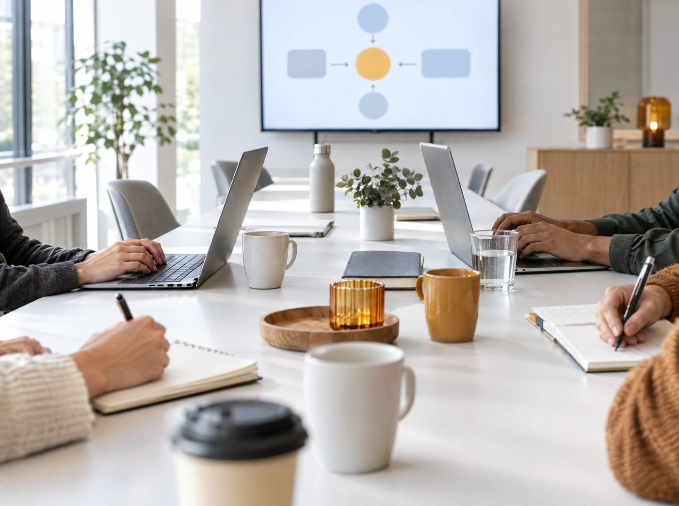 Atelier de formation en salle de réunion, ordinateurs et carnets sur la table