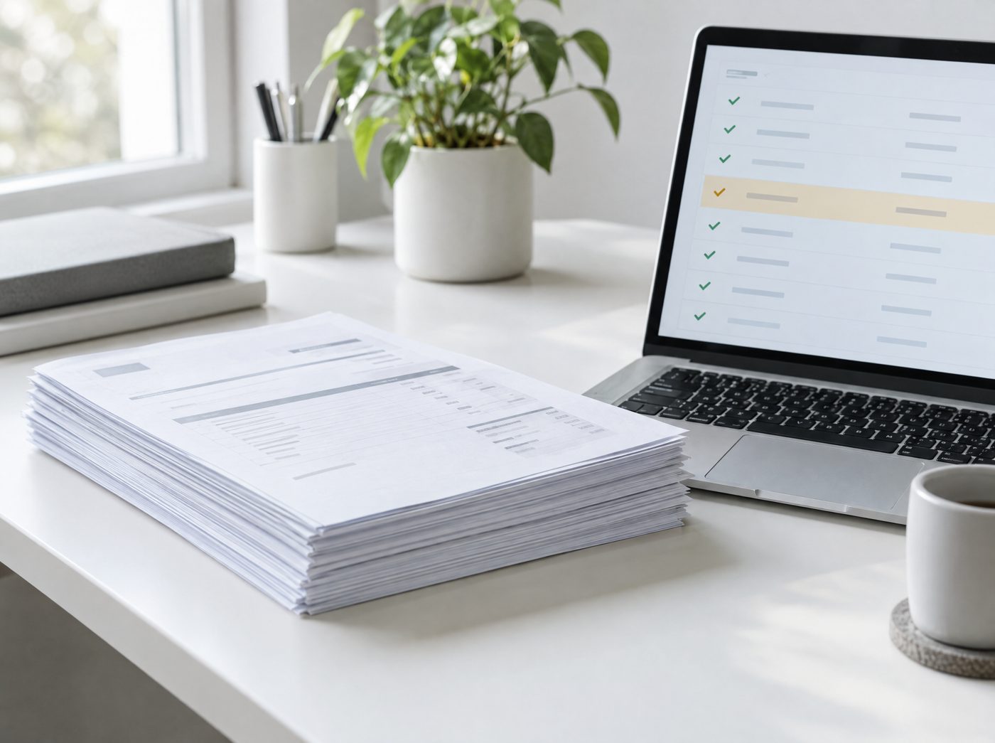 Pile de factures et ordinateur affichant une liste de contrôles validés
